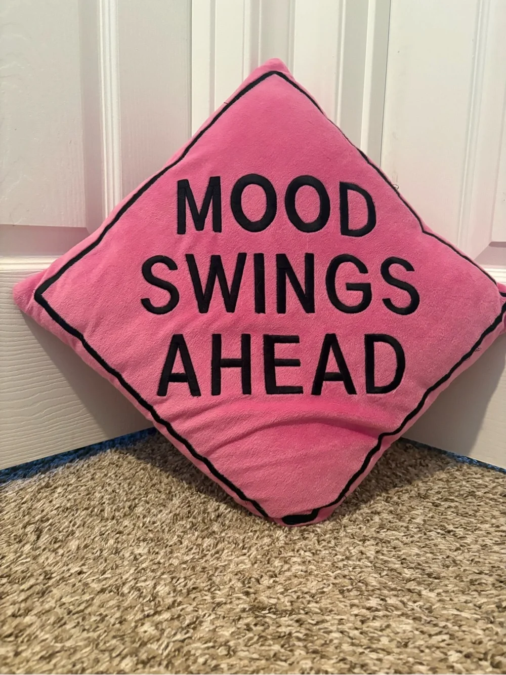 Pink Sign Pillow Warning Mood Swings Ahead